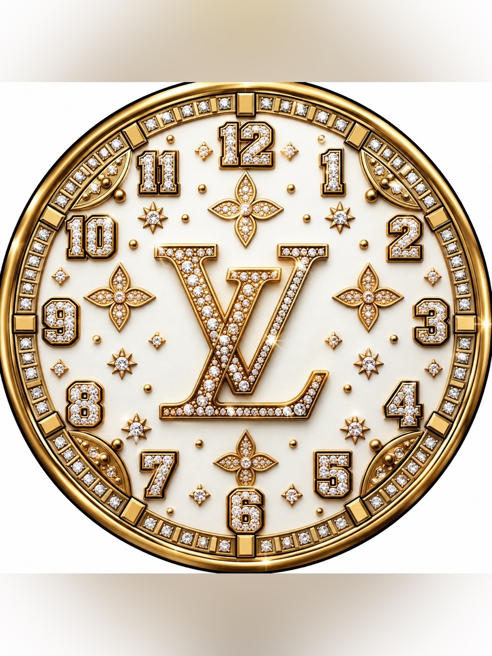 Louis Vuitton Gold and White Crystal LV Logo Advertising Wall Clock.